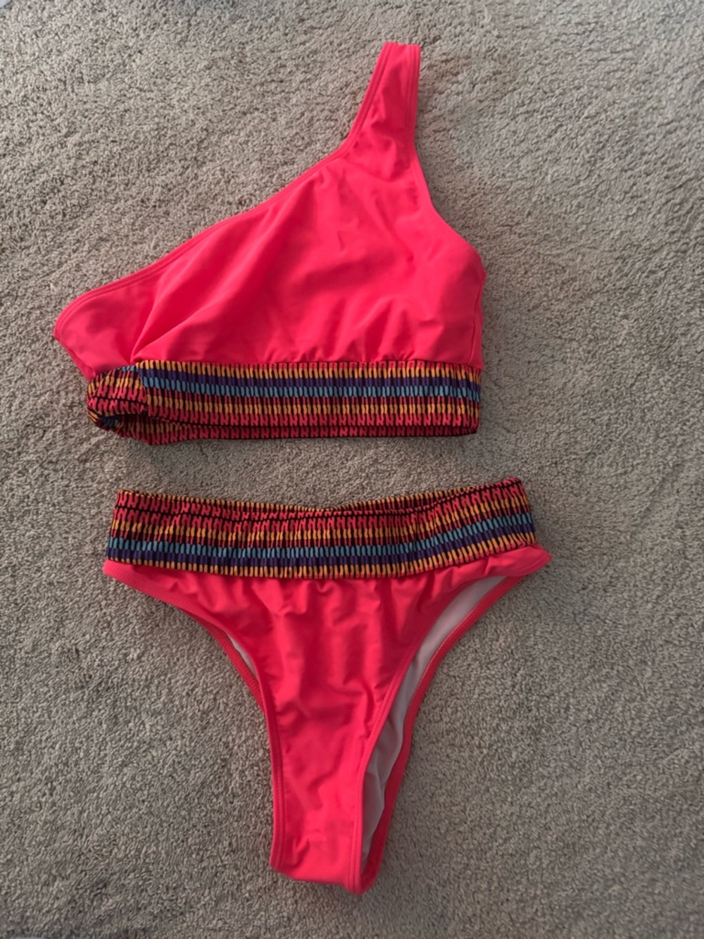 SHEIN Hot Pink One-Shoulder Bikini with Multicolor Waistband